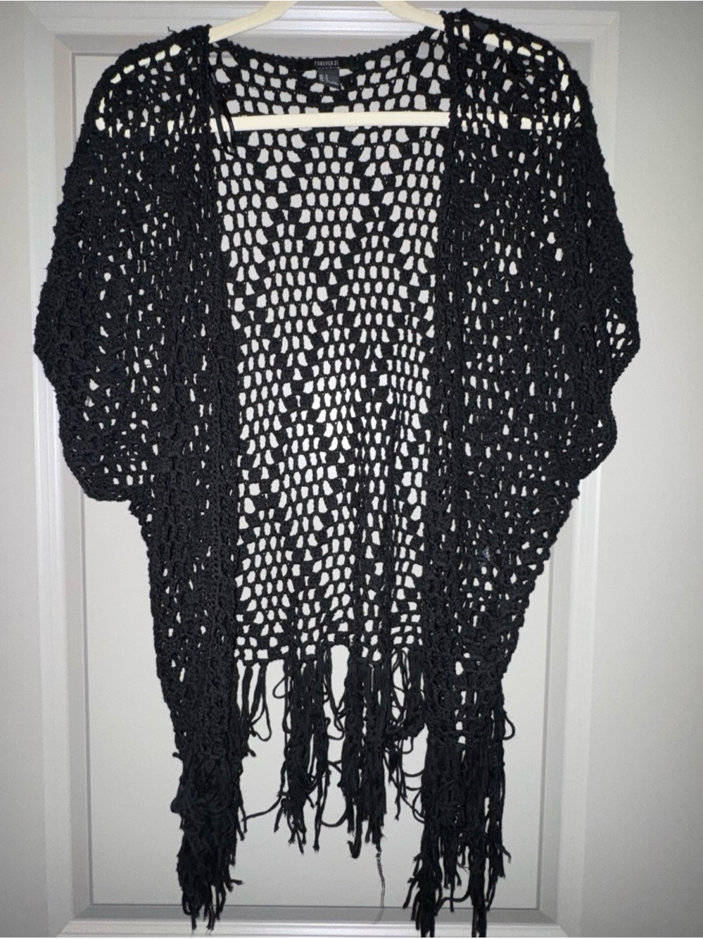 Forever 21 Black Crochet Fringe Open-Front Shrug